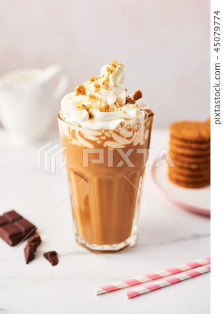 Chocolate ice coffee with whipped cream and cookie Chocolate ice coffee with whipped cream and cookie 45079774
