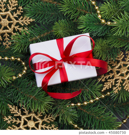 Gift box and christmas tree branches Gift box and christmas tree branches 45080730