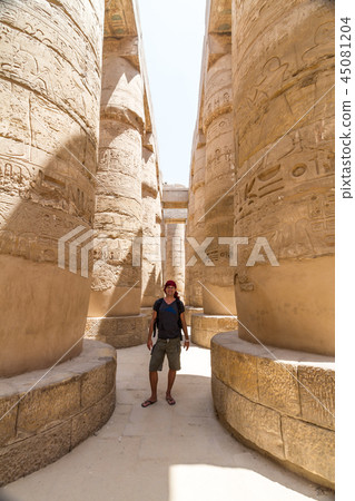 Male Tourist at Temples of Karnak, ancient Thebes in Luxor, Egypt 45081204