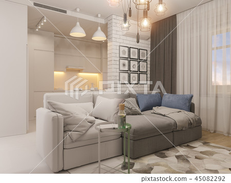 3d illustration living room and kitchen interior design. Modern  45082292