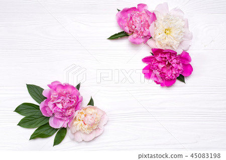 Corners of peonies flowers on a wooden background Corners of peonies flowers on a wooden background 45083198
