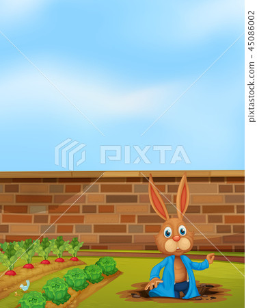 A rabbit digging a hole next to farm A rabbit digging a hole next to farm 45086002