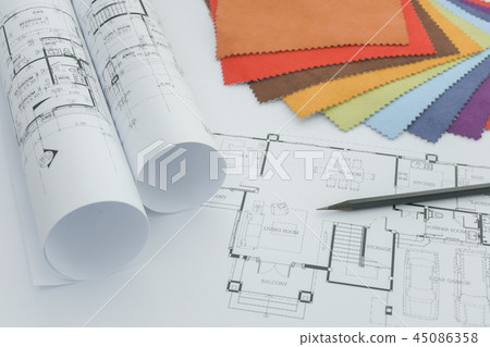 Interior drawing with sample of fabric and pencil Interior drawing with sample of fabric and pencil 45086358