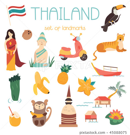Big cartoon set of Thai landmarks, symbols animals Big cartoon set of Thai landmarks, symbols animals 45088075