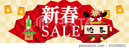 新年第一次銷售和新年的圖像促銷橫幅設計| Yuru角色的舞獅插圖|新年銷售 45088602