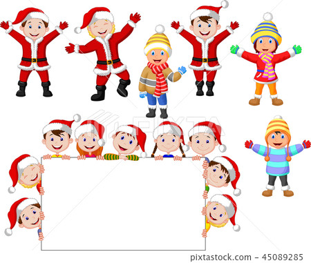 Cartoon christmas children with blank sign 45089285