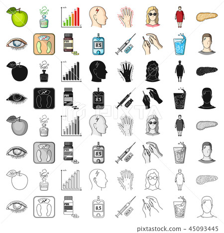 Insulin, sugar, level, analysis, diet and other attributes. Diabetes set collection icons in cartoon Insulin, sugar, level, analysis, diet and other attributes. Diabetes set collection icons in cartoon 45093445