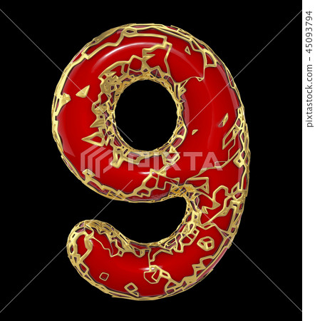 number nine 9 made of golden shining metallic with red paint isolated on black 3d 45093794