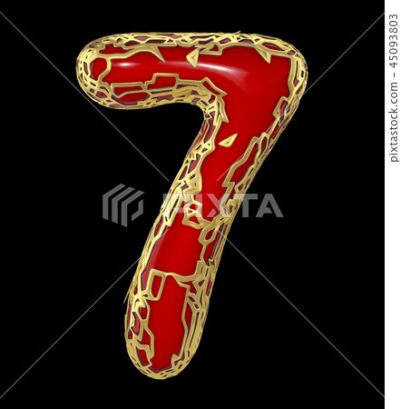 number seven 7 made of golden shining metallic with red paint isolated on black 3d 45093803