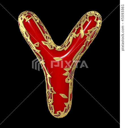Golden shining metallic 3D with red paint symbol capital letter Y - uppercase isolated on black. 3d Golden shining metallic 3D with red paint symbol capital letter Y - uppercase isolated on black. 3d 45093861