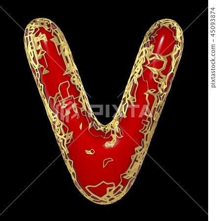 Golden shining metallic 3D with red paint symbol capital letter V - uppercase isolated on black. 3d Golden shining metallic 3D with red paint symbol capital letter V - uppercase isolated on black. 3d 45093874