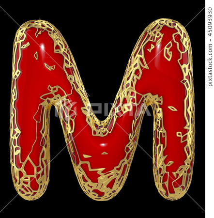 Golden shining metallic 3D with red paint symbol capital letter M - uppercase isolated on black. 3d 45093930