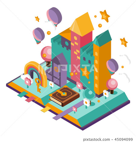 Open Book with set of vector fairy tale elements, icons and illustrations Open Book with set of vector fairy tale elements, icons and illustrations 45094099