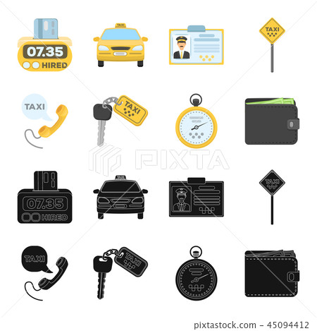 Handset with the inscription of a taxi, car keys with a key fob, a stopwatch with a fare, a purse 45094412