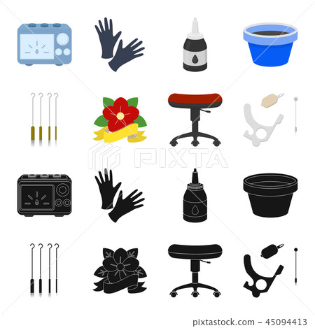 Chair on rollers, needles for tattoo and other equipment. Tattoo set collection icons in black 45094413