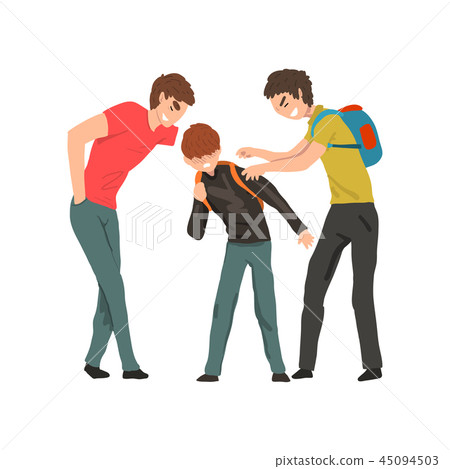Two older boys mocking younger, conflict between children, mockery and bullying at school vector Two older boys mocking younger, conflict between children, mockery and bullying at school vector 45094503