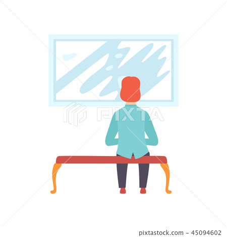 Man sitting on the bench and looking at the painting hanging on the wall, male exhibition visitor 45094602