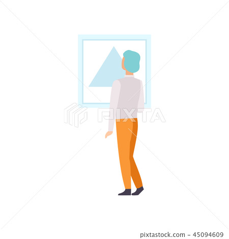 Man looking at the painting hanging on the wall, male exhibition visitor viewing museum exhibit at 45094609