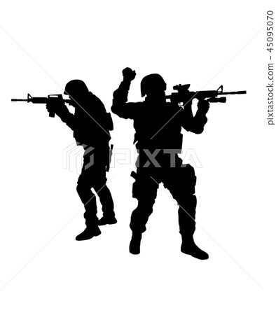 Two SWAT fighters aiming weapon vector silhouette 45095070