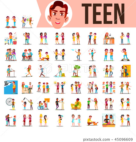 Teen Set Vector. Lifestyle Teenager Situations. Spending Time Together At Home, Outdoor. Isolated Teen Set Vector. Lifestyle Teenager Situations. Spending Time Together At Home, Outdoor. Isolated 45096609