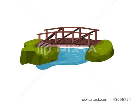 Small wooden bridge over blue pond or river. Outdoor object for city park. Cartoon landscape design Small wooden bridge over blue pond or river. Outdoor object for city park. Cartoon landscape design 45096734