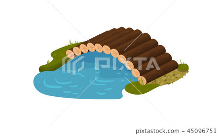 Bridge over small blue river or pond. Footbridge made of tree logs. Flat vector element for mobile Bridge over small blue river or pond. Footbridge made of tree logs. Flat vector element for mobile 45096751