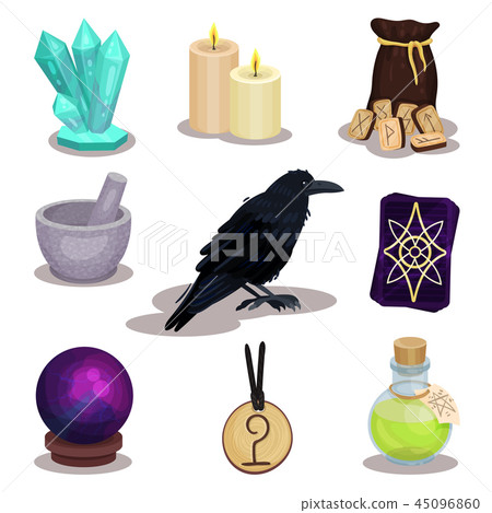 Flat vector set of icons related to divination theme. Mystical items. Magic sphere candles, wooden Flat vector set of icons related to divination theme. Mystical items. Magic sphere candles, wooden 45096860