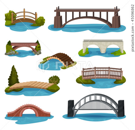 Flat vector set of different bridges. Wooden,... - Stock Illustration ...