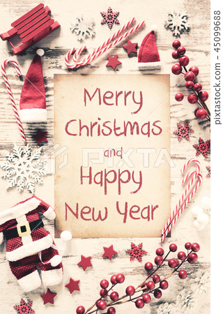 Flat Lay, Text Merry Christmas And Happy New Year 45099688