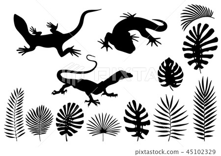 Silhouettes of lizards, gecko and tropical leaves 45102329