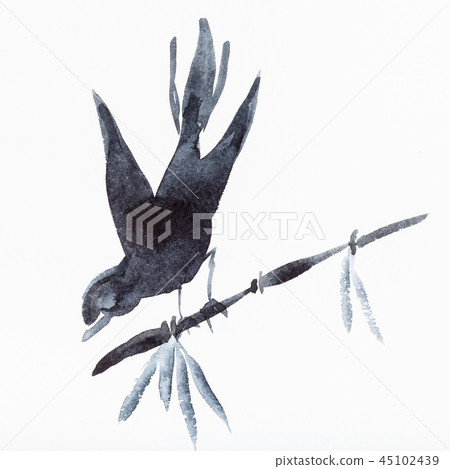 bird on bamboo twig drawn by black watercolors bird on bamboo twig drawn by black watercolors 45102439