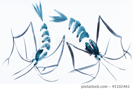 two shrimps drawn by blue watercolors two shrimps drawn by blue watercolors 45102461