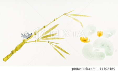 snail crawling along a bamboo trunk over a pond snail crawling along a bamboo trunk over a pond 45102469