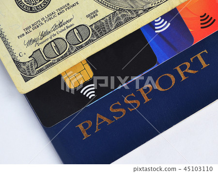 Passport, 100 dollars bill and three credit cards Passport, 100 dollars bill and three credit cards 45103110