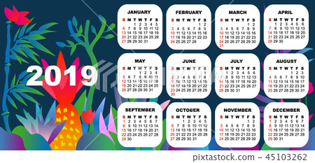 2019 colorful calendar with exotic flowers.  45103262