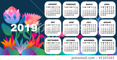 2019 colorful calendar with exotic flowers.  45103263