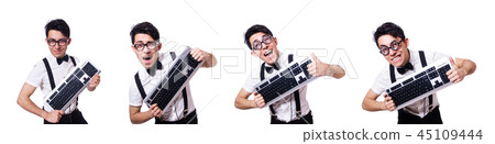 Nerd hacker with computer keyboard on white Nerd hacker with computer keyboard on white 45109444