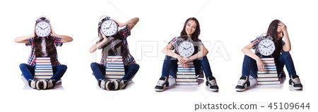 Young female student missing her deadlines on white Young female student missing her deadlines on white 45109644