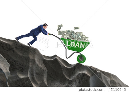 Businessman pushing wheelbarrow with dollars downhill Businessman pushing wheelbarrow with dollars downhill 45110643