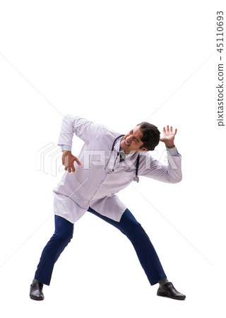 Young handsome doctor under pressure isolated on white Young handsome doctor under pressure isolated on white 45110693