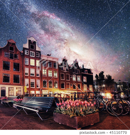 Beautiful calm night view of Amsterdam city. Photo greeting card Beautiful calm night view of Amsterdam city. Photo greeting card 45110770