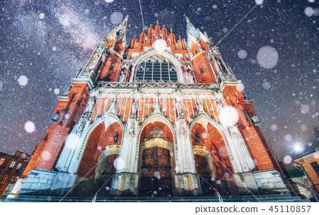 Church St. Joseph in Krakow. Fantastic starry sky. Photo greetin Church St. Joseph in Krakow. Fantastic starry sky. Photo greetin 45110857
