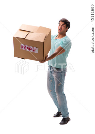 Young handsome man with fragile box ordered from Internet  45111699