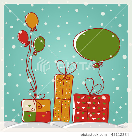 Colored balloons tied to a gift box Colored balloons tied to a gift box 45112284