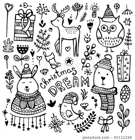 Set of cute hand-drawn Christmas elements 45112299