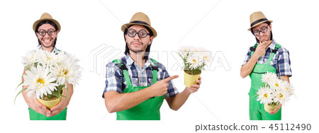 Man gardener with flowers on white Man gardener with flowers on white 45112490