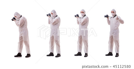 Forensic specialist in protective suit taking photos on white 45112580