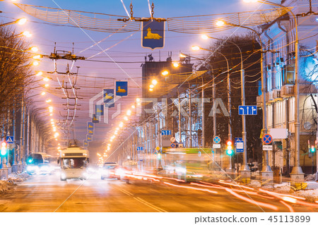 Gomel, Belarus. Morning Traffic, Public Trolleybus On Lenina Ave Gomel, Belarus. Morning Traffic, Public Trolleybus On Lenina Ave 45113899