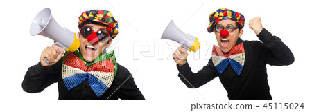 The clown with loudspeaker isolated on white The clown with loudspeaker isolated on white 45115024