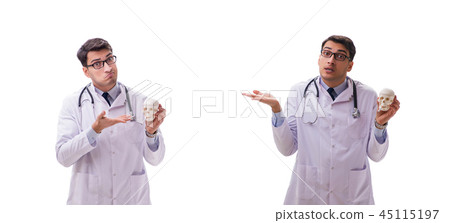 Yong male doctor with skeleton isolated on white 45115197
